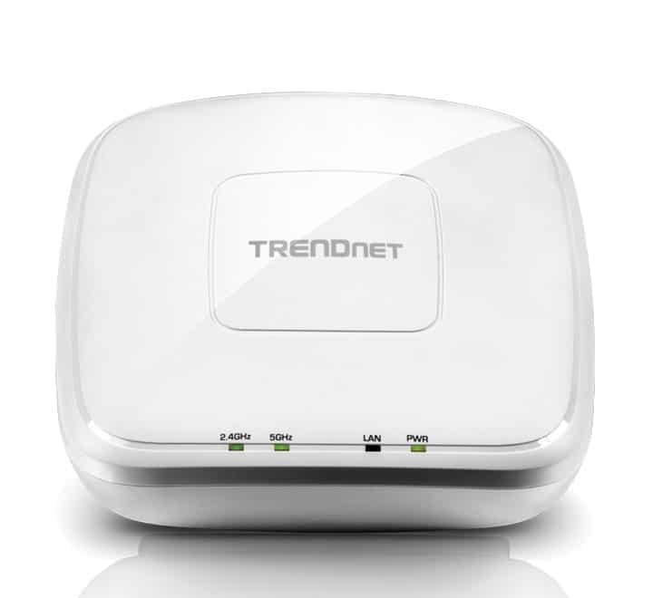 TRENDnet TEW-821DAP AC1200 indoor dual band PoE wireless access point showing its circular off-white low profile ceiling mount enclosure - ICT.com.mm