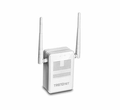 TRENDnet TEW-822DRE AC1200 WiFi Range Extender front view showing the dual adjustable external antennas and white wall-plug enclosure.