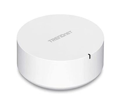 Front view of the sleek white TRENDnet TEW-830MDR AC2200 wireless mesh router showing its status indicator LED light.