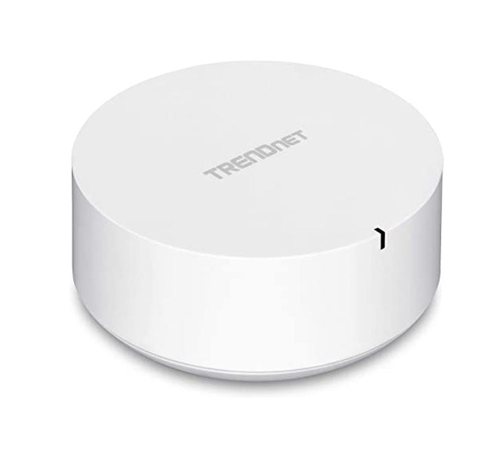 Front view of the sleek white TRENDnet TEW-830MDR AC2200 wireless mesh router showing its status indicator LED light.