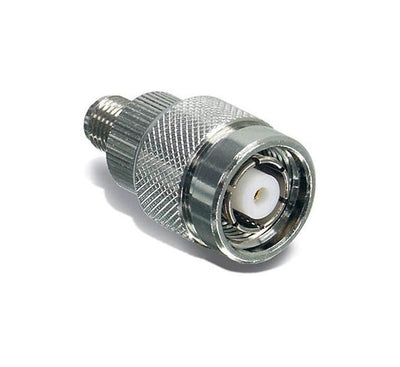 TRENDnet TEW-AMBA RF adapter showcasing its metallic threaded coupling profile designed to convert RP-TNC interfaces to RP-SMA.