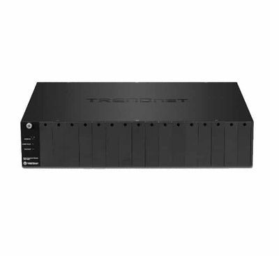 Rear layout look at the TRENDnet TFC-1600 rackmount chassis showing cooling ventilation fan grids and AC input power terminal slots.