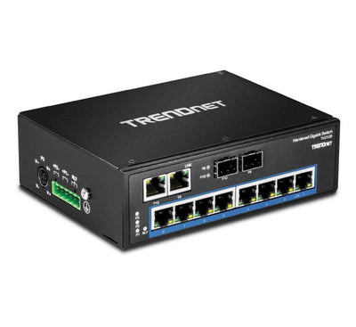 Front connection array profile of the TRENDnet TI-G102 switch showing 8 copper Gigabit slots and 2 shared combo interface bays.