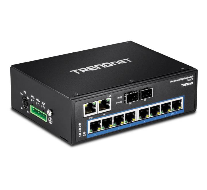 Front connection array profile of the TRENDnet TI-G102 switch showing 8 copper Gigabit slots and 2 shared combo interface bays.