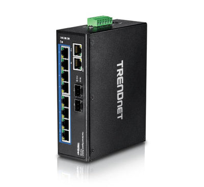 TRENDnet TI-G102 unmanaged hardened industrial switch schematic showing the DC terminal power blocks, front facing gigabit connection panel, and included DIN-rail brackets.