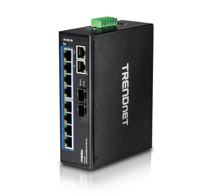 TRENDnet TI-G102 unmanaged hardened industrial switch schematic showing the DC terminal power blocks, front facing gigabit connection panel, and included DIN-rail brackets.