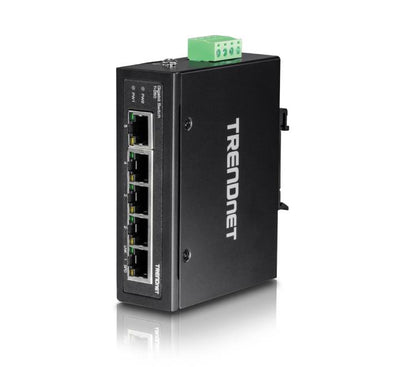 Front interface profile panel of the compact TRENDnet TI-G50 hardened industrial switch displaying five gigabit copper RJ-45 unmanaged ethernet network ports.