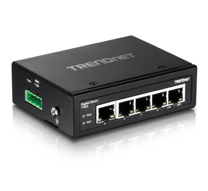 Top panel view of the ultra-compact TRENDnet TI-G50 switch showing the removable 6-pin terminal block input layout for dual primary and backup DC power lines.