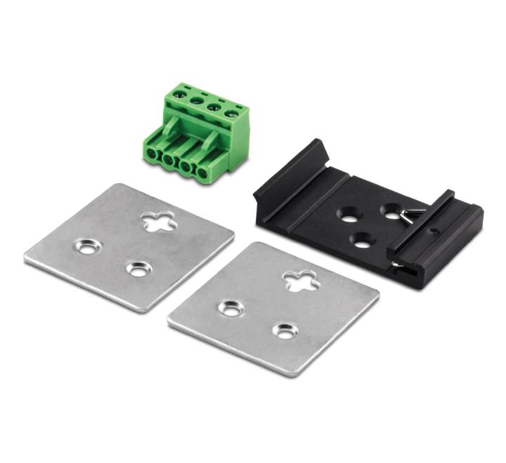 Rear angled view of the miniature rugged metal housing of the TRENDnet TI-G50 unmanaged industrial switch highlighting the pre-installed steel DIN-rail assembly bracket.