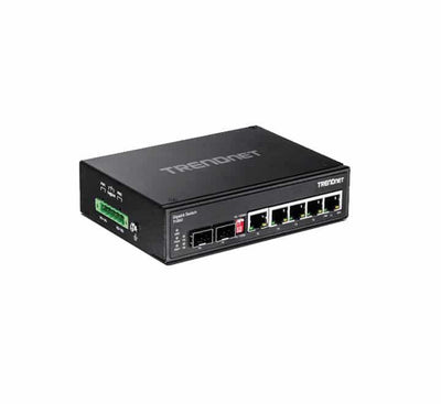 Side profile view of TRENDnet TI-G62 unmanaged industrial switch with attached heavy-duty DIN-rail mounting hardware.