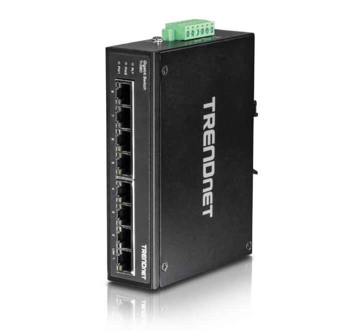 Front interface profile panel of the TRENDnet TI-G80 hardened industrial switch displaying eight gigabit copper RJ-45 unmanaged ethernet network ports.