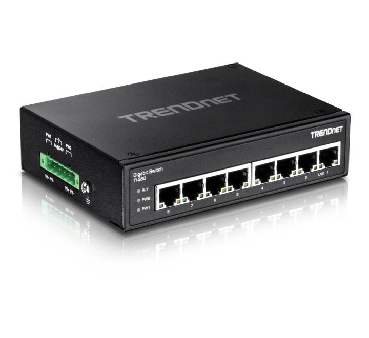 Top panel view of the TRENDnet TI-G80 switch showing the removable 6-pin terminal block input layout for dual primary and backup DC power lines.