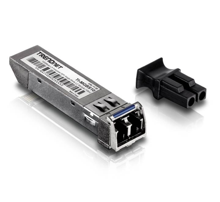 TRENDnet TI-MGBS10 hardened industrial single mode SFP transceiver module displaying the rugged metal chassis design and standard duplex LC connectors hookup.