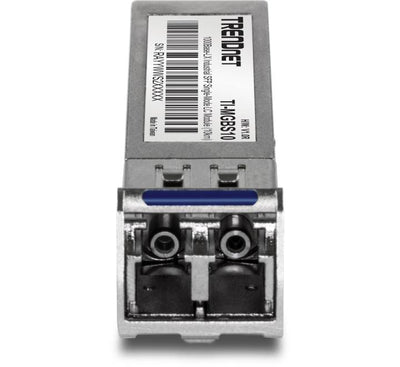 Detailed close-up of the tracking specification decal on the metal housing of the TRENDnet TI-MGBS10 1310nm industrial fiber module.
