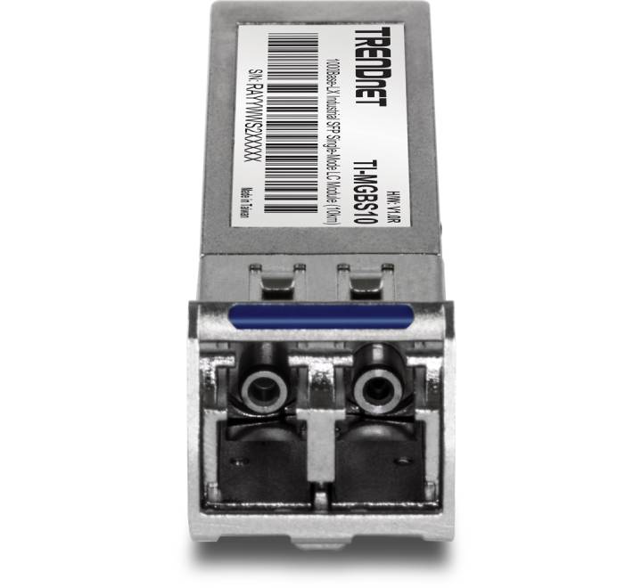 Detailed close-up of the tracking specification decal on the metal housing of the TRENDnet TI-MGBS10 1310nm industrial fiber module.