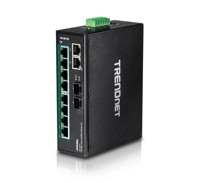 Front connection interface panel of the TRENDnet TI-PG102 industrial switch highlighting the eight green gigabit PoE plus ports and two shared SFP combo fiber ports.