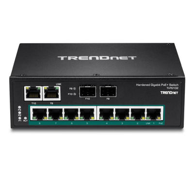 Rear angled profile of the rugged black IP30 metal casing on the TRENDnet TI-PG102 switch showing the pre-installed steel DIN-rail mounting hardware track assembly.
