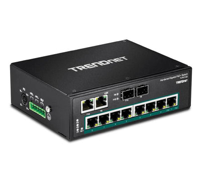 Top panel view of the TRENDnet TI-PG102 unmanaged network switch showing the removable 6-pin terminal block hookup for dual redundant power loops and safety ground point.