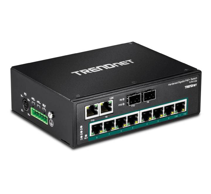Top panel view of the TRENDnet TI-PG102 unmanaged network switch showing the removable 6-pin terminal block hookup for dual redundant power loops and safety ground point.