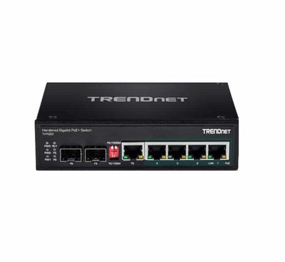 TRENDnet TI-PG62 6-Port Hardened Industrial Gigabit PoE+ Switch clipped to a standard metal DIN-rail system showing front ports.