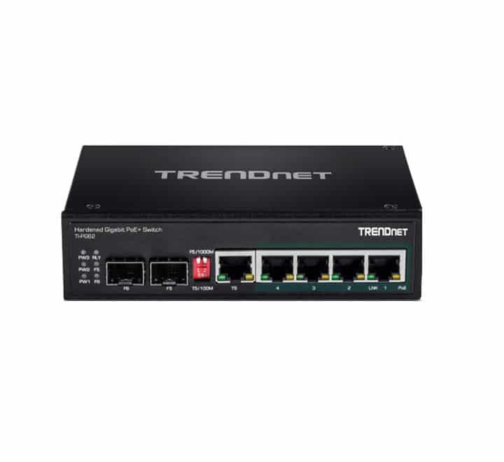 TRENDnet TI-PG62 6-Port Hardened Industrial Gigabit PoE+ Switch clipped to a standard metal DIN-rail system showing front ports.
