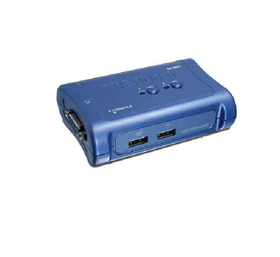 TRENDnet TK-207K 2-port USB KVM switch showcasing its clean blue housing layout, manual toggle selection button, and LED status lights.