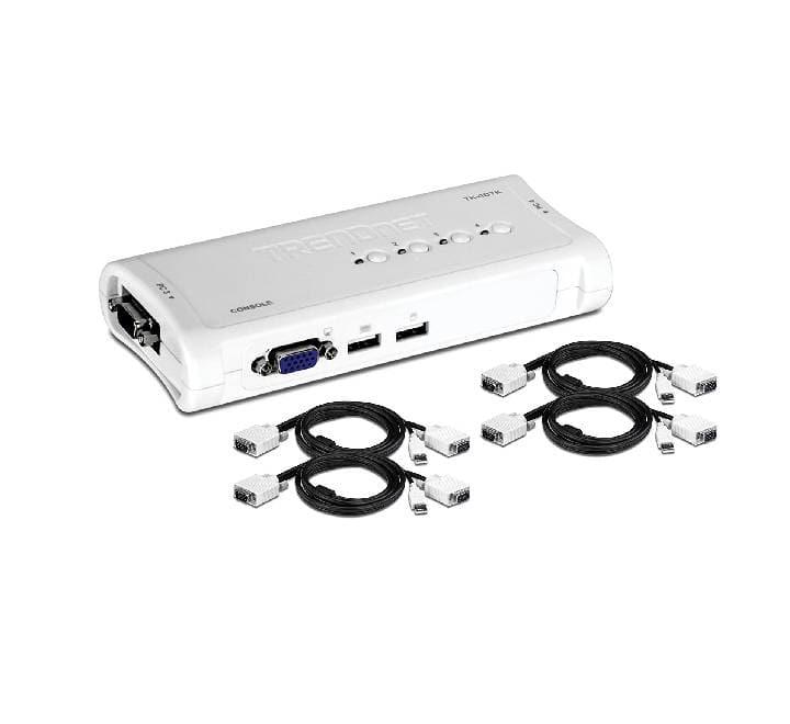 TRENDnet TK-407K 4-port USB KVM switch highlighting the front manual toggle buttons and device status link LEDs.