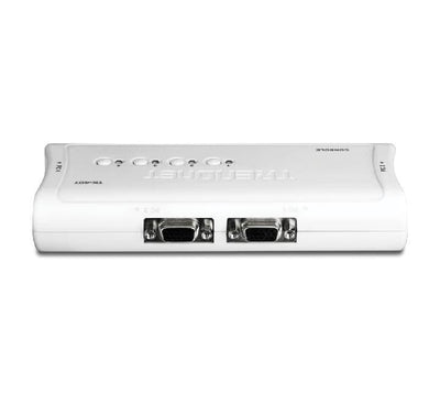 Rear and side profile view of the TRENDnet TK-407K KVM switch showcasing the console VGA and USB layout connection ports.