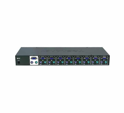 TRENDnet TK-801R 8-Port Rackmount KVM Switch front perspective showing the industrial black steel 1U casing, manual port selection pushbuttons, and status indicator LEDs.