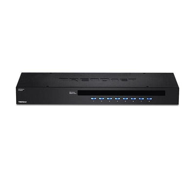 TRENDnet 8-Port Rackmount USB KVM Switch model TK-803R v2 showing the 1U metal chassis, manual push-buttons, and front status LEDs.