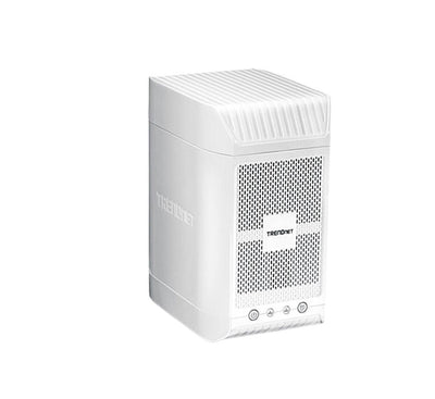 Front view perspective of the white compact desktop TRENDnet TN-200 2-bay network attached storage server showing front status diagnostic LED indicators.