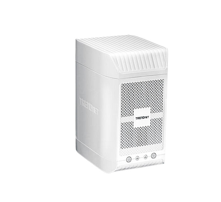 Front view perspective of the white compact desktop TRENDnet TN-200 2-bay network attached storage server showing front status diagnostic LED indicators.