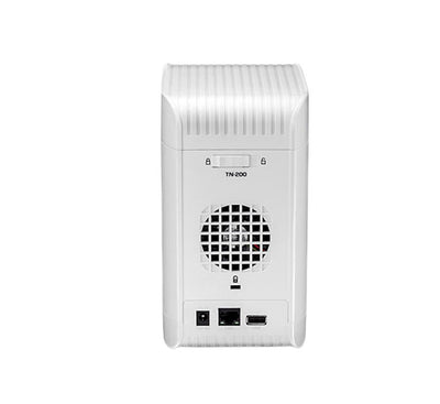 Rear physical IO connectivity panel layout of the TRENDnet TN-200 NAS device showcasing its single Gigabit RJ-45 LAN connection port and specialized USB share port.