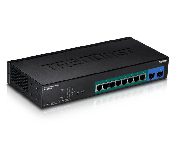 Front view panel of the TRENDnet TPE-082WS web smart switch displaying eight gigabit PoE plus RJ-45 ethernet ports and two dedicated gigabit SFP slots.