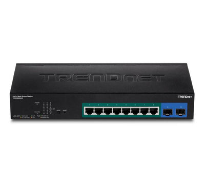 Three quarter angled structural view of the durable black fanless metal enclosure of the TRENDnet TPE-082WS managed switch highlighting its passive cooling grids.