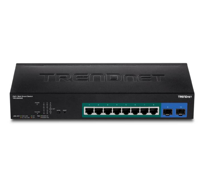 Three quarter angled structural view of the durable black fanless metal enclosure of the TRENDnet TPE-082WS managed switch highlighting its passive cooling grids.
