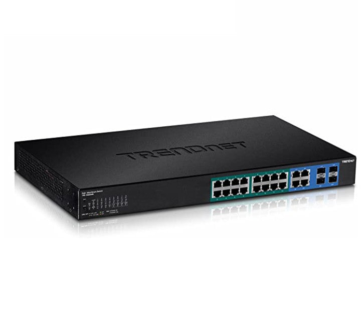 TRENDnet TPE-1620WS web smart managed PoE+ ethernet switch with 1U rackmount structural ears installed for enclosure deployments.