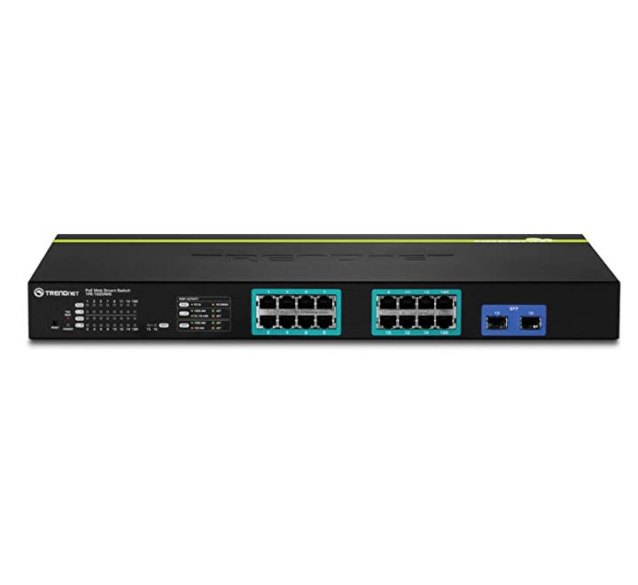 Front interface array of TRENDnet TPE-1620WS 20-port gigabit switch showcasing 16 PoE+ ports and 4 shared combo ports.