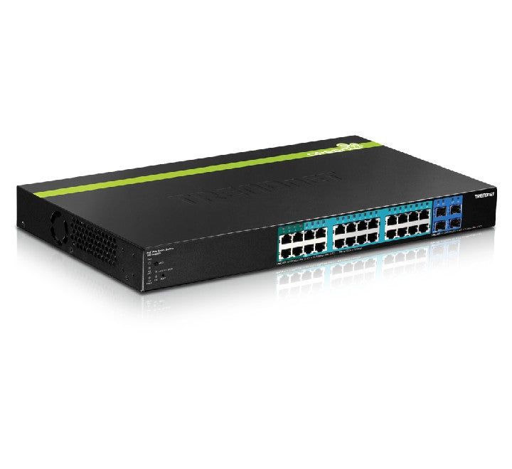 TRENDnet TPE-2840WS web smart managed PoE+ rackmount switch outfitted with standard 1U metal rack ears for network cabinets.