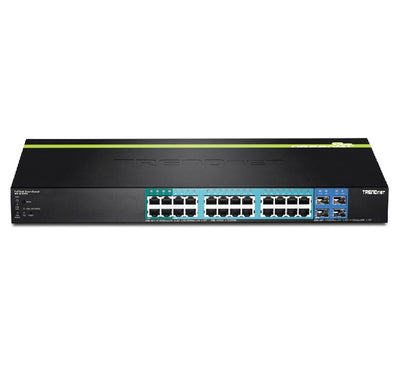 Front interface layout of TRENDnet TPE-2840WS 28-port switch showcasing 24 Gigabit PoE+ ports and 4 dedicated SFP fiber slots.