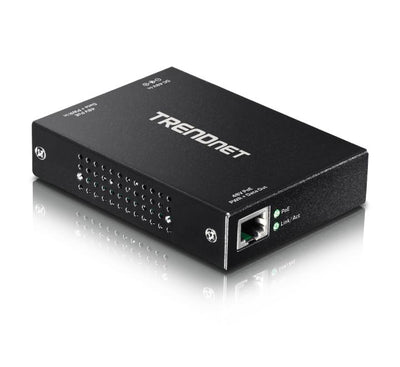 Three quarter angle structural view displaying the compact durable black metal enclosure and integrated surface wall mount tabs of the TRENDnet TPE-E100 repeater.
