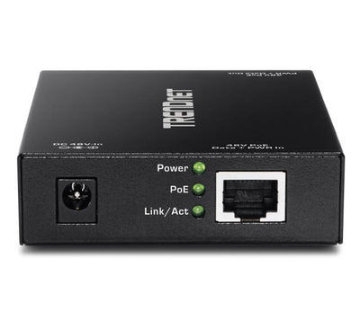 Front interface profile panel of the TRENDnet TPE-E100 gigabit extender showing the dedicated power inline PoE input and output ethernet network ports.