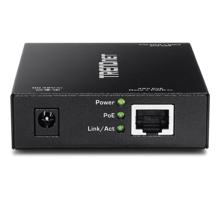 Front interface profile panel of the TRENDnet TPE-E100 gigabit extender showing the dedicated power inline PoE input and output ethernet network ports.