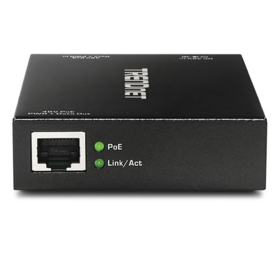 Side physical profile detail of the unmanaged TRENDnet TPE-E100 inline gigabit PoE plus repeater showcasing its low profile hardware footprint design.