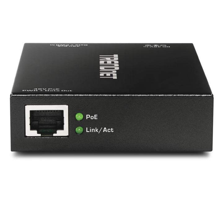 Side physical profile detail of the unmanaged TRENDnet TPE-E100 inline gigabit PoE plus repeater showcasing its low profile hardware footprint design.