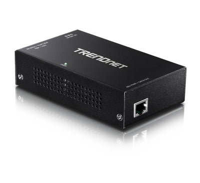 Front interface profile panel of the TRENDnet TPE-E110 gigabit extender amplifier showing the PoE input, output ethernet ports, and auxiliary DC power jack.