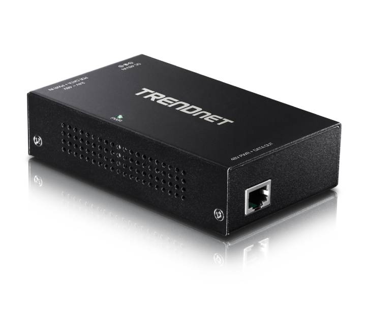 Front interface profile panel of the TRENDnet TPE-E110 gigabit extender amplifier showing the PoE input, output ethernet ports, and auxiliary DC power jack.