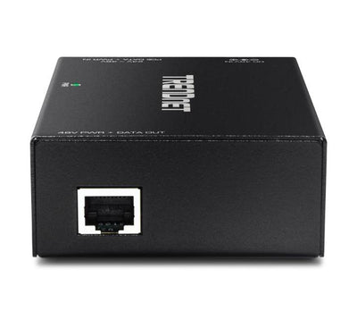 Three quarter angle structural view displaying the durable black metal enclosure and integrated flat surface wall-mounting ears of the TRENDnet TPE-E110.