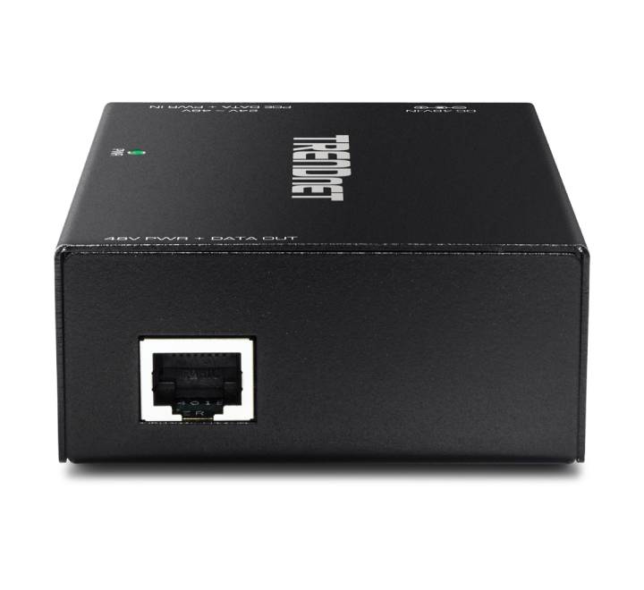 Three quarter angle structural view displaying the durable black metal enclosure and integrated flat surface wall-mounting ears of the TRENDnet TPE-E110.