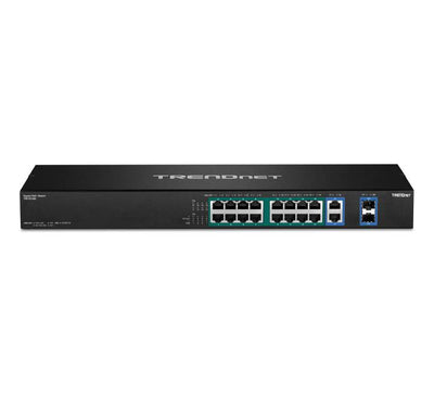 Three quarter angle structural profile showcasing the black 1U 19-inch rackmount metal housing design of the TRENDnet TPE-TG182F network ethernet switch.